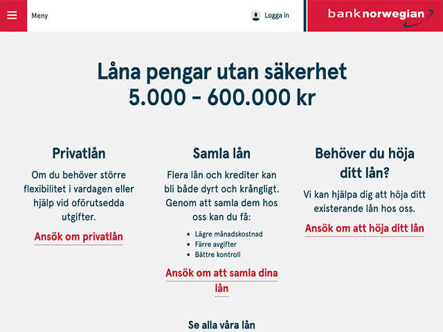 skärmdump Bank norwegian hemsida